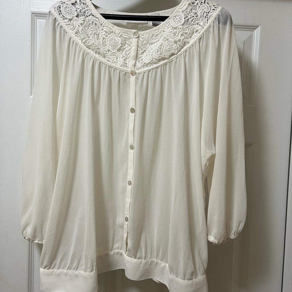Chico's Ivory Button-Down Blouse with Lace